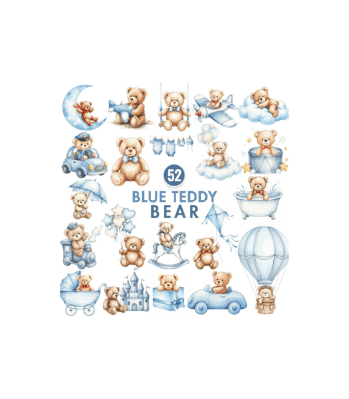 Blue Teddy Bear Clipart, Baby Shower - Image 1